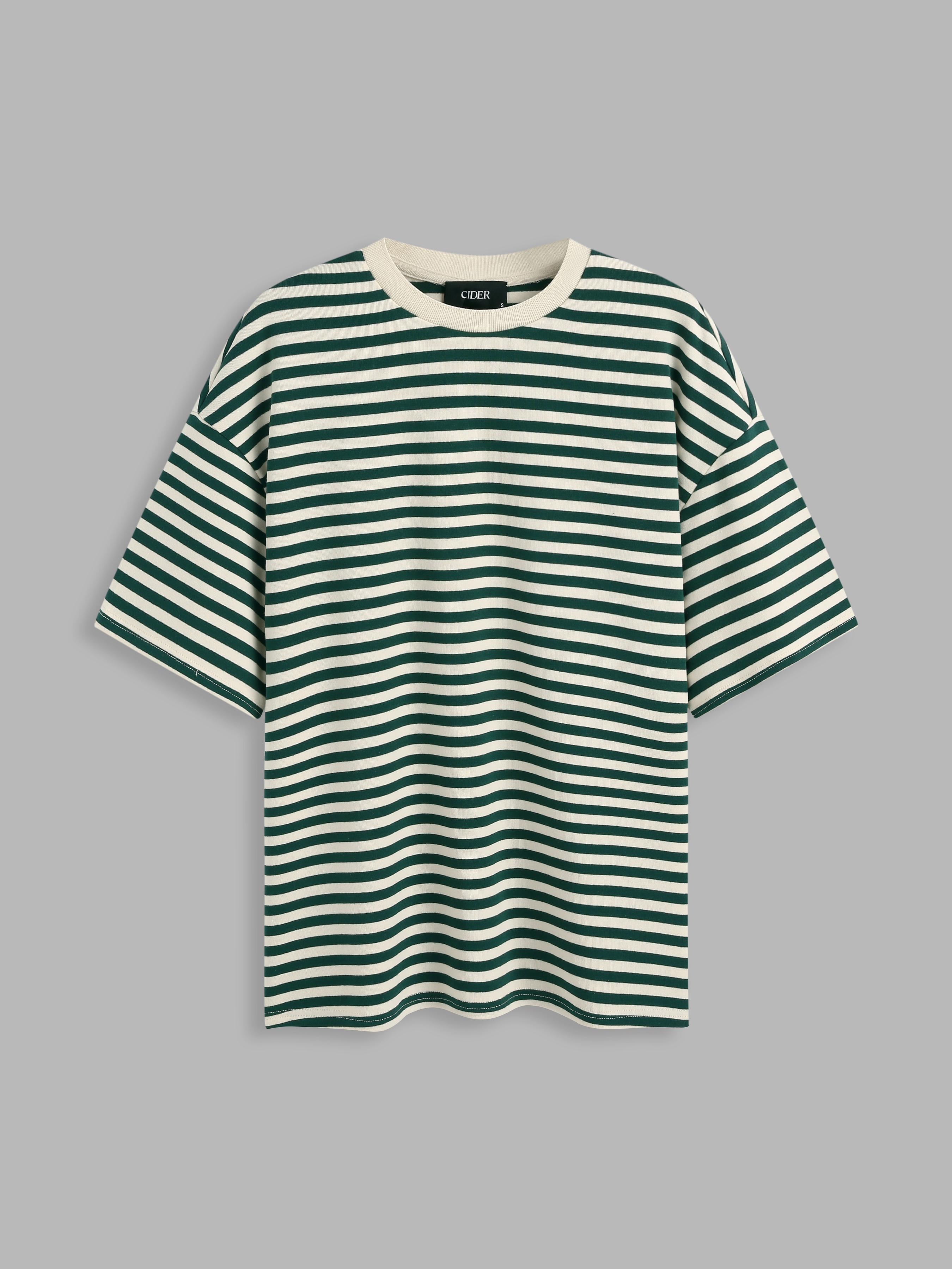 Cotton-blend Round Neck Striped Oversized Short Sleeve Tee Product Image