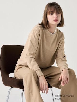 Womens Soft Knitted Fleece T-Shirt Long Sleeve Beige Large UNIQLO US product image