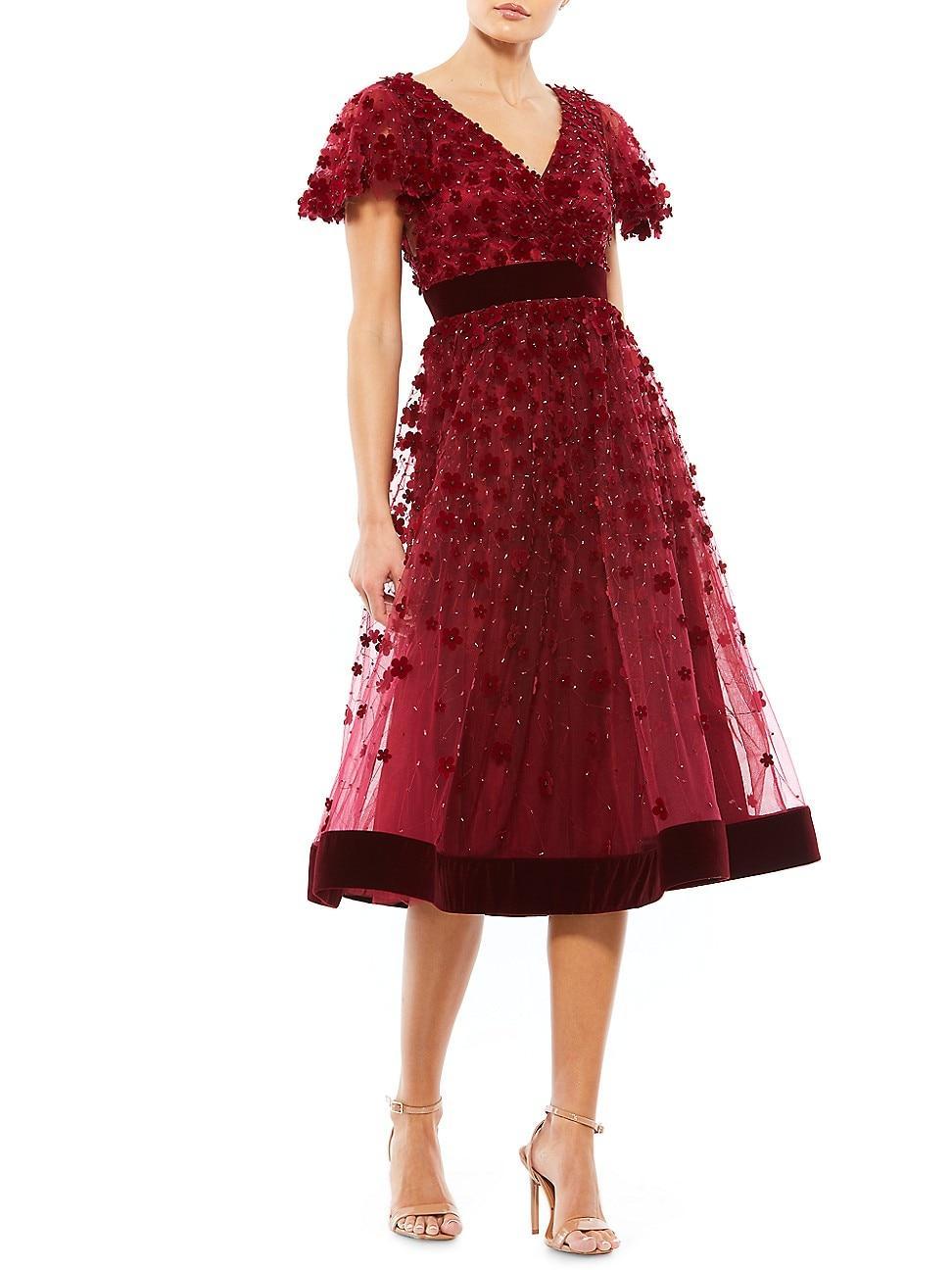 Womens Velvet Flower-Embellished Midi-Dress product image