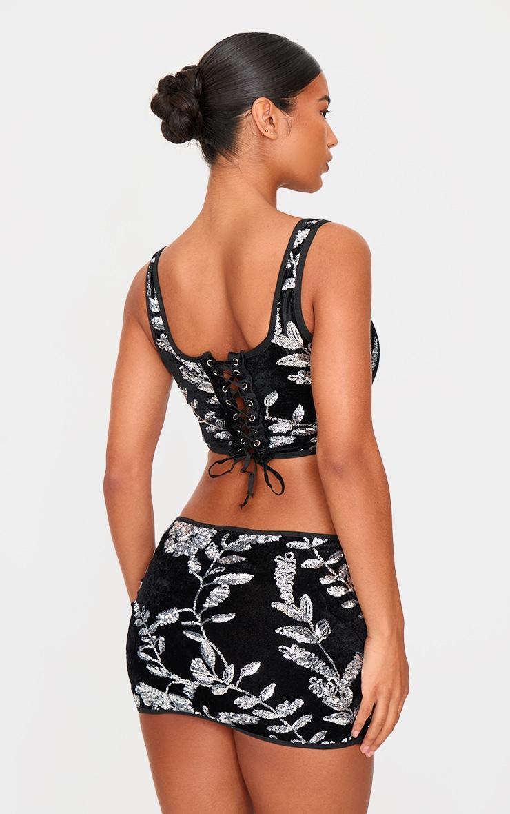 Black Velvet Floral Sequin Embellished Corset Product Image