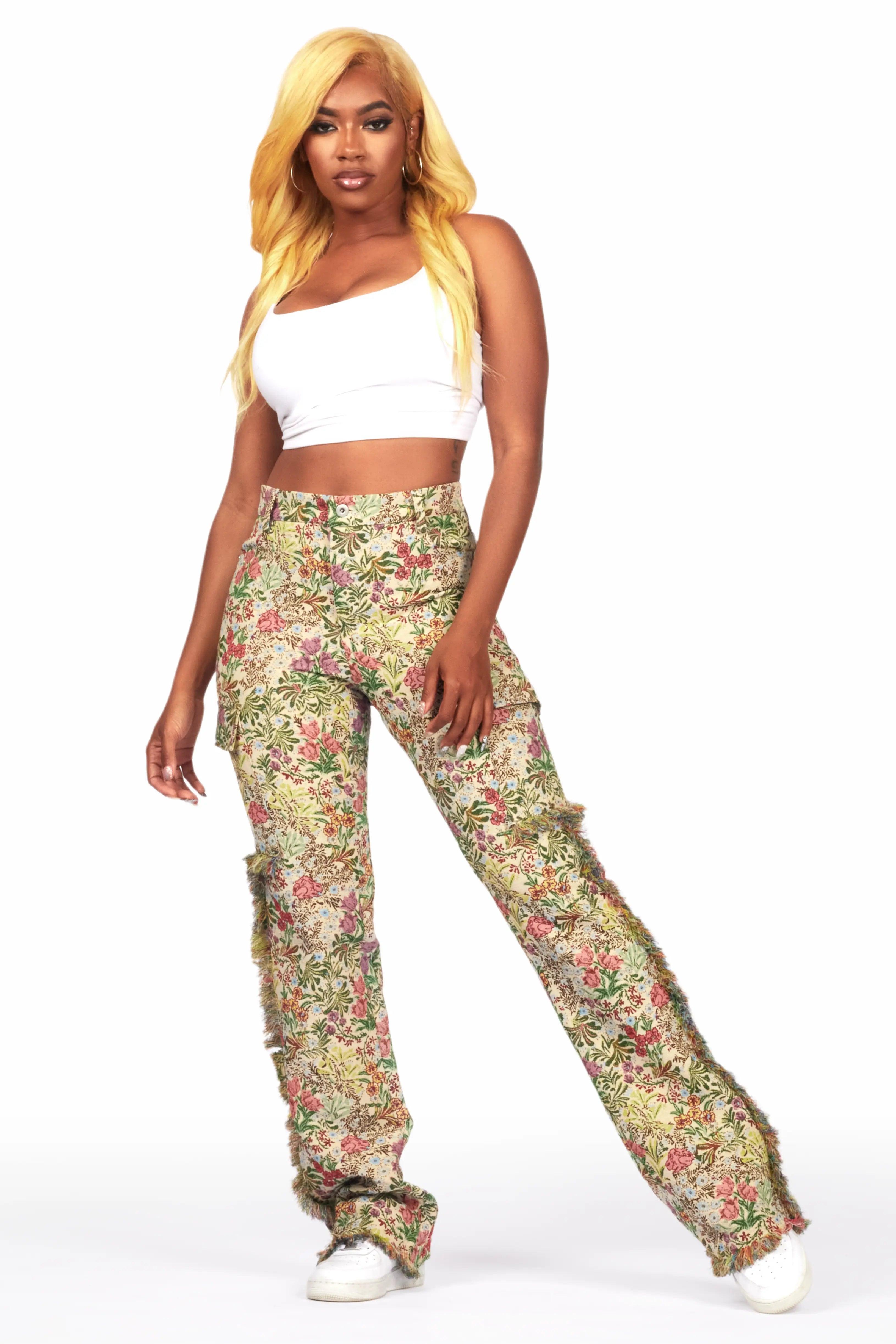 Tamia Beige Floral Tapestry Stacked Pant Female Product Image