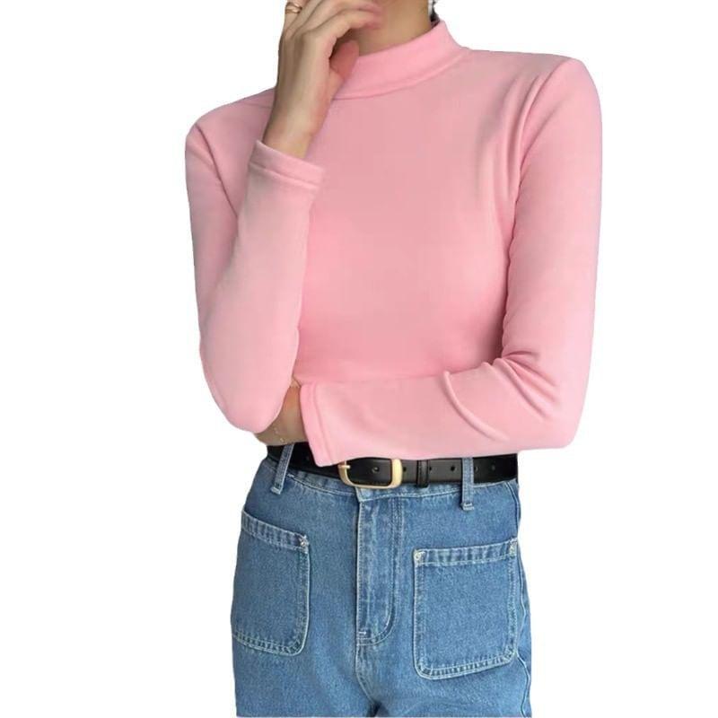 Long-Sleeve Mock Neck Plain T-Shirt Product Image