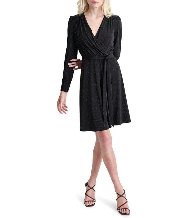 DKNY by Donna Karan Sequin Knit Surplice V-Neck Long Sleeve Tie Waist Mini Dress Product Image