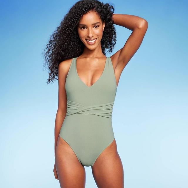 Womens Ribbed Plunge Twist-Front One Piece Swimsuit - Shade & Shore M Product Image