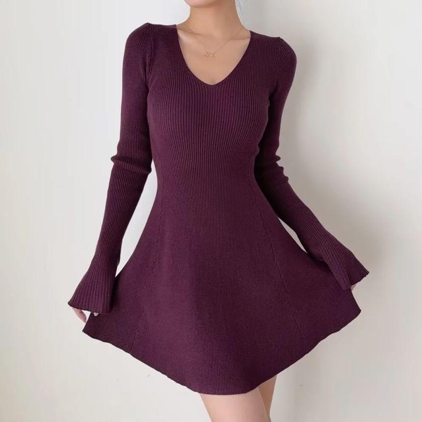 Flare-Sleeve V-Neck Plain Knit Mini A-Line Dress Product Image