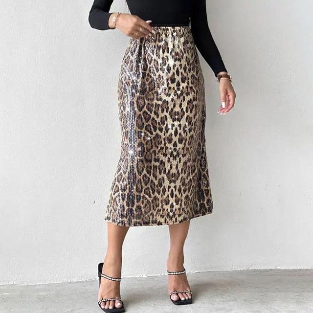 High Waist Leopard Print Sequin Midi Pencil Skirt Product Image