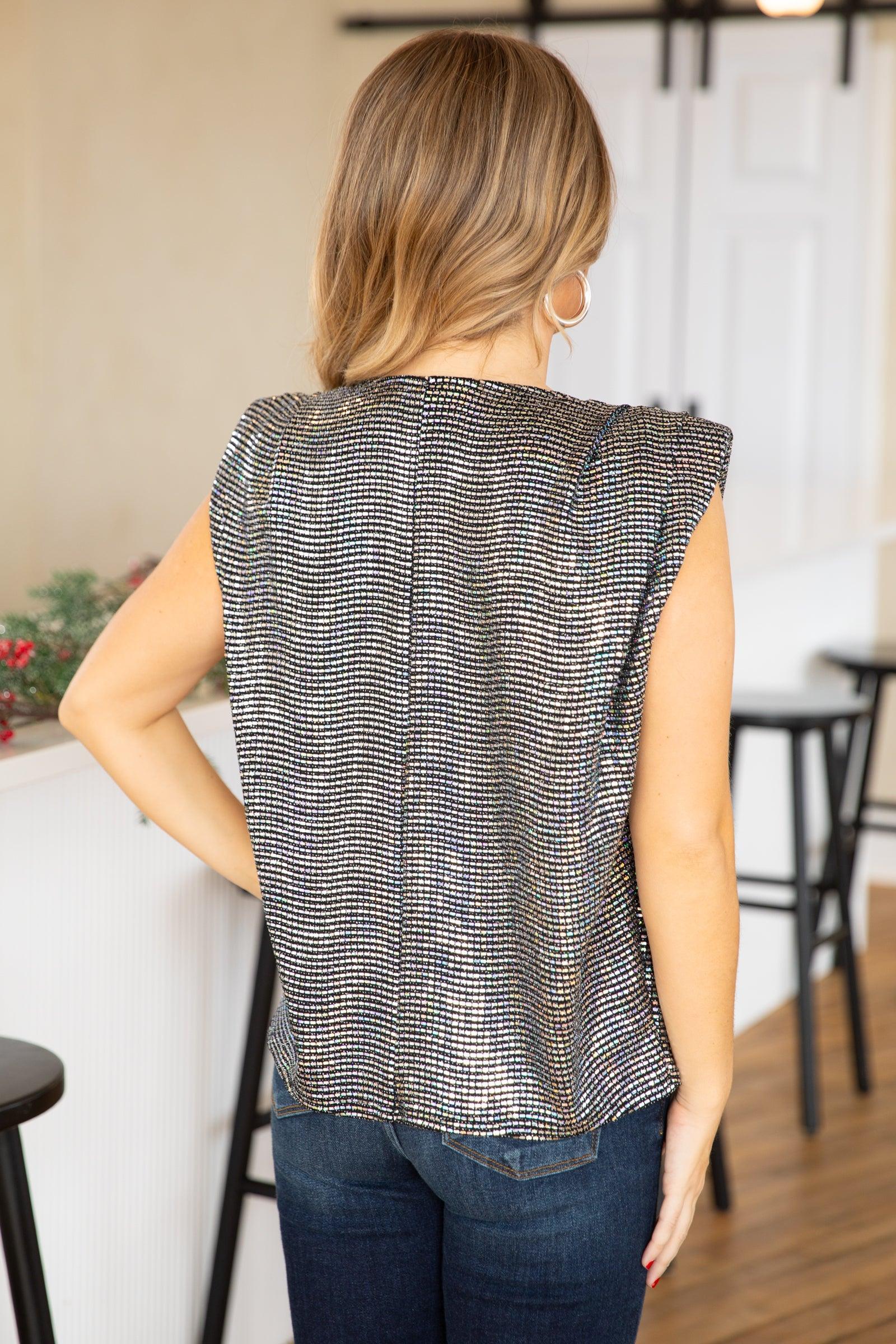 Black Sequin Padded Shoulder Top Product Image