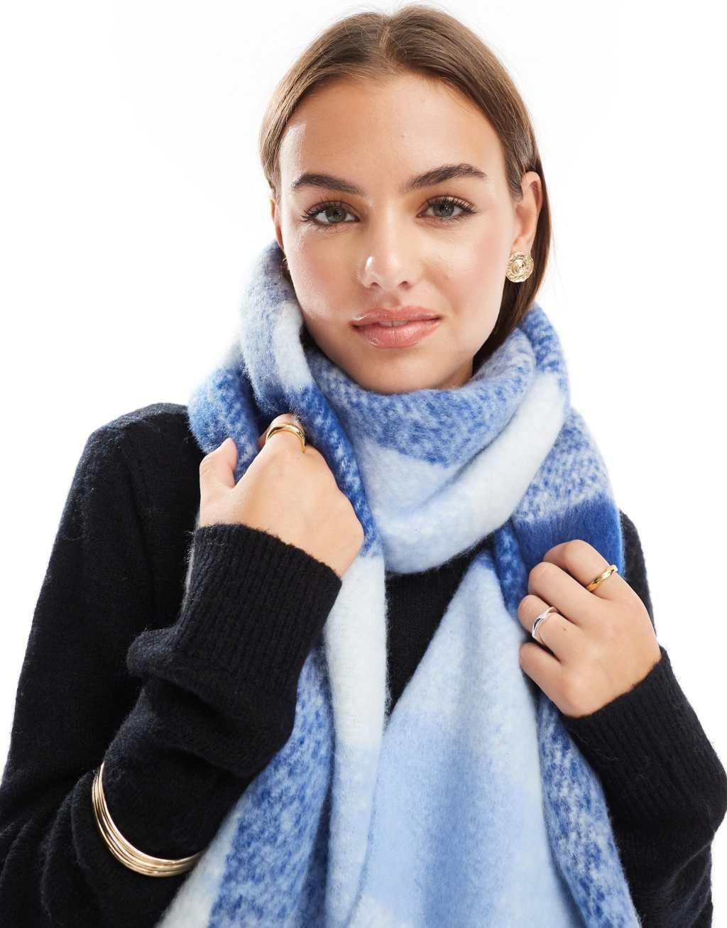 Pieces super soft tassel scarf in calming blue check Product Image