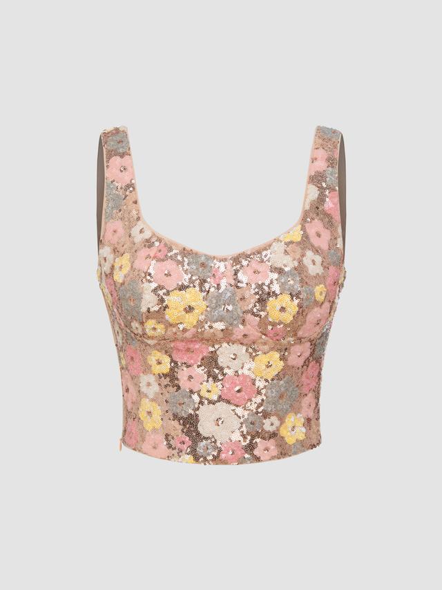 Sequin Scoop Neckline Floral Zipper Crop Cami Top Product Image