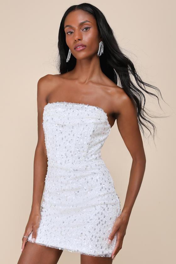 Essential Glamour White Sequin Pearl Strapless Mini Dress Product Image