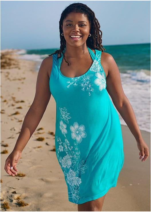 Venus Womens Swimsuit Coverups - Aqua & White Floral Scoop Neck Sleeveless Dress - Women & Plus Product Image