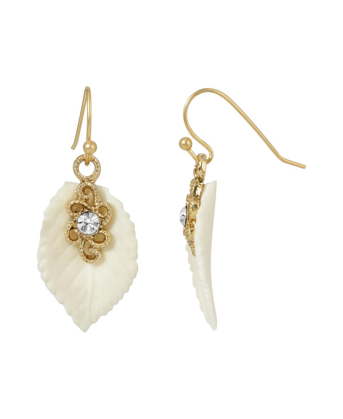 1928 Gold Tone Porcelain Leaf Earrings with Crystal Accents, Womens, White Product Image