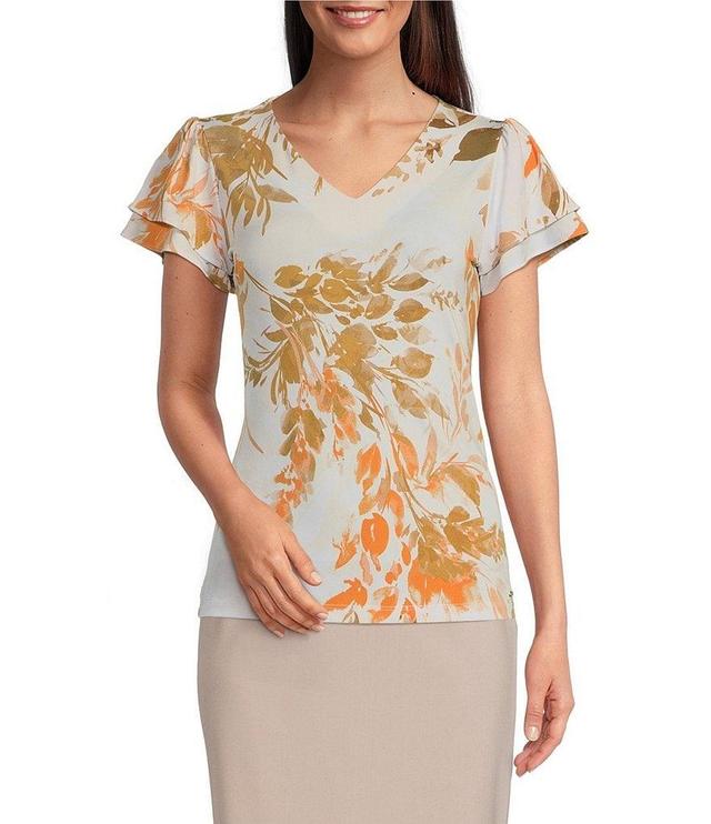 Calvin Klein Petite Size Floral Woven V-Neck Short Flutter Sleeve Top Product Image