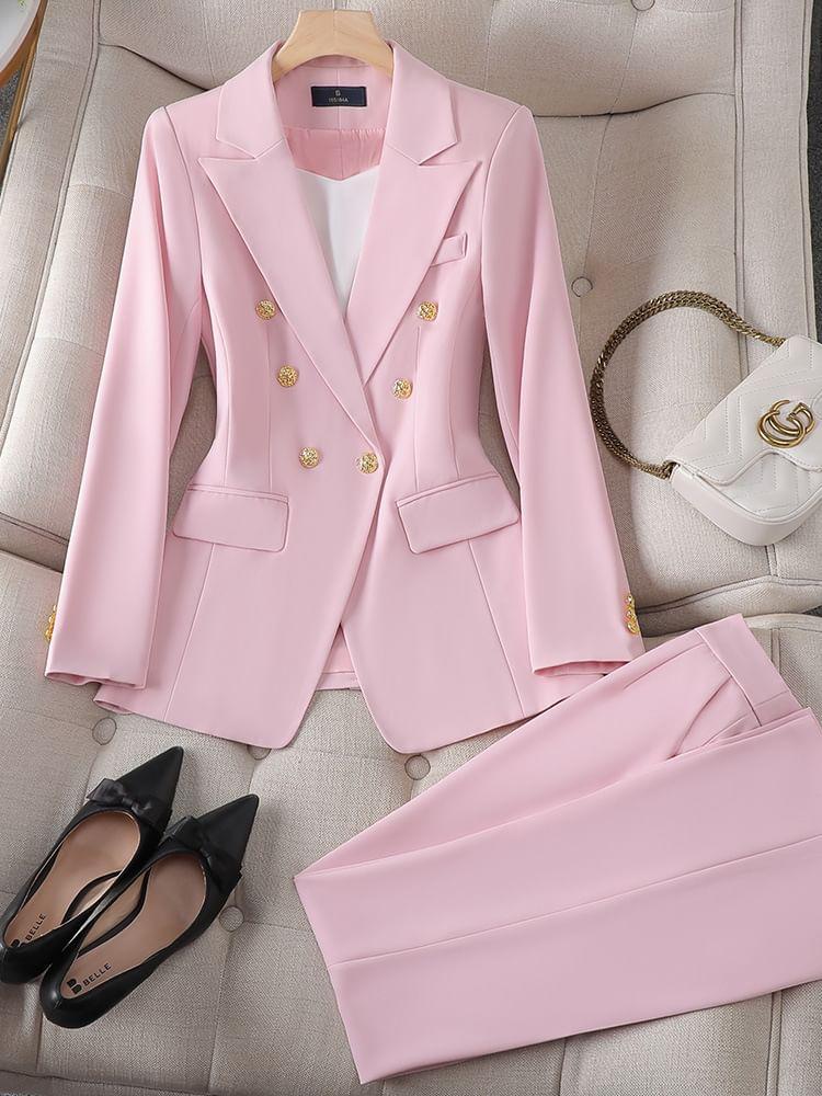 Plain Double-Breasted Blazer / High Waist Dress Pants / Set Product Image