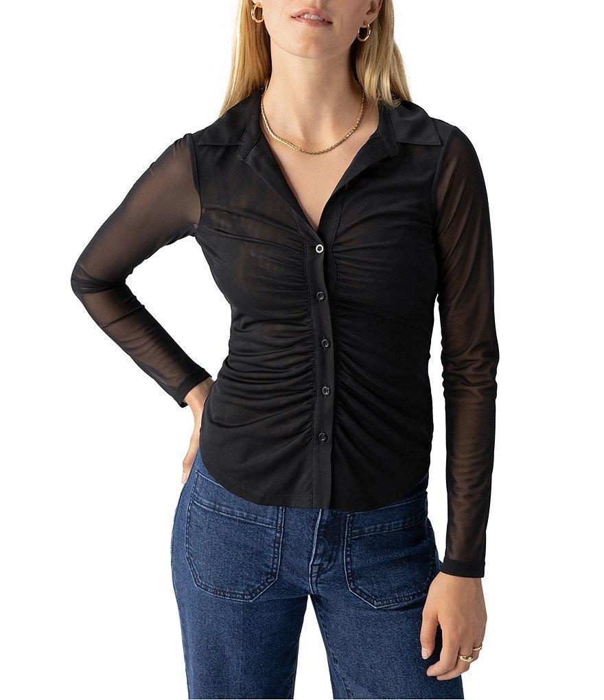 Sanctuary Dreamgirl Mesh Point Collar Neck Long Sleeve Ruched Button Front Top Product Image