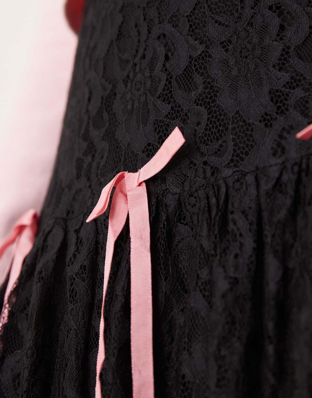 Miss Selfridge lace bow detail tiered maxi skirt in black Product Image