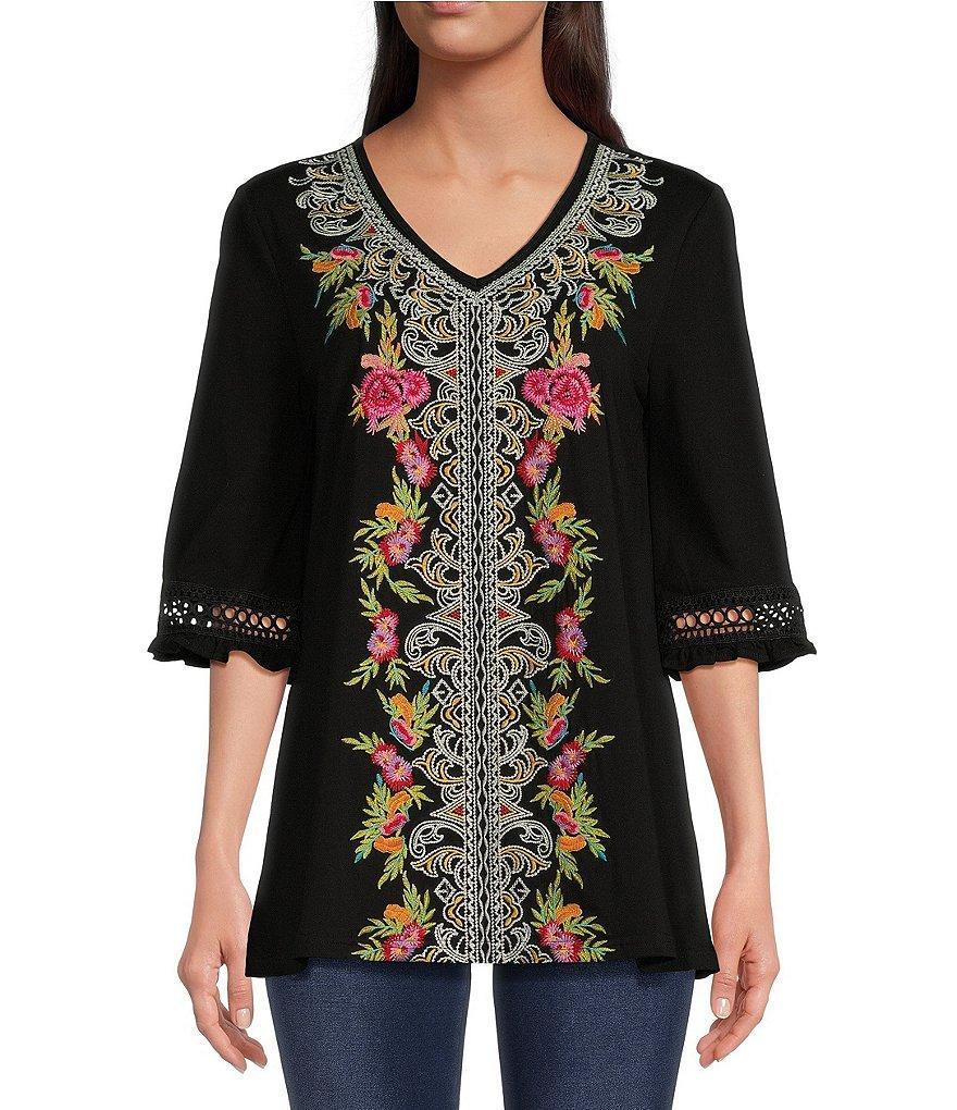 Calessa Comfort Stretch Embroidered V Neck 3/4 Sleeve Straight Hem Pullover Tunic Product Image