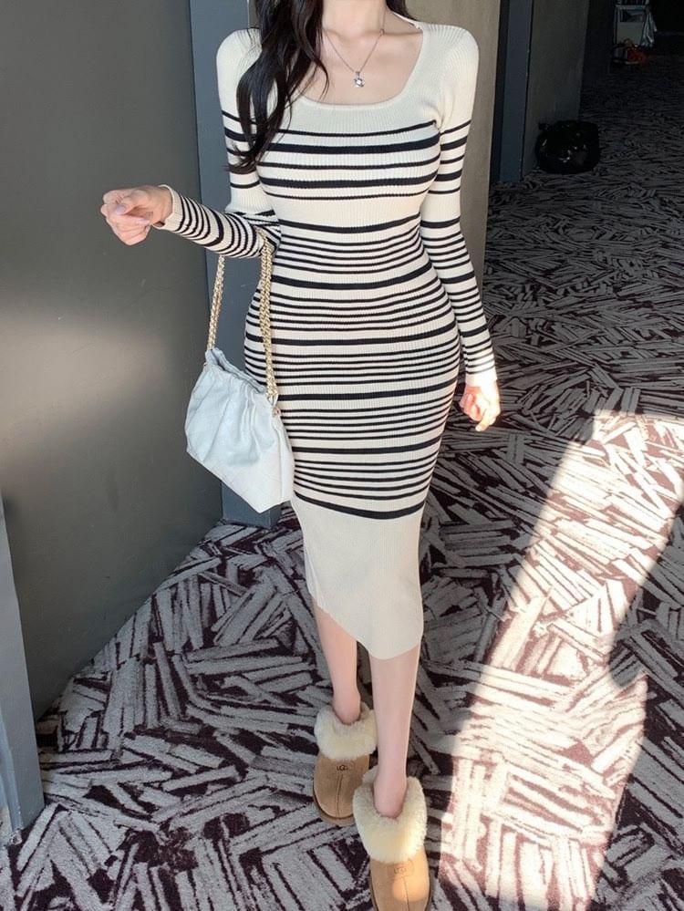 Long-Sleeve Scoop Neck Striped Ribbed Knit Midi Sheath Dress Product Image