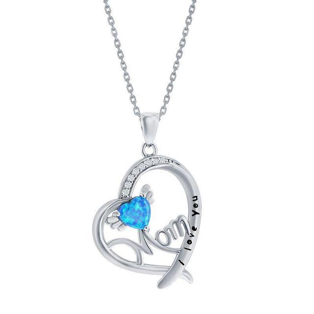 Sterling Silver Opal & Cubic Zirconia Mom I Love You Heart Pendant Necklace, Womens Blue Product Image