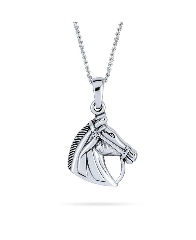 Bling Jewelry Cow Girl Equestrian Thoroughbred Winner Horse-Head Pendant Horseshoe Necklace Western Jewelry For Women Oxidized .925 Sterling Silver - Product Image