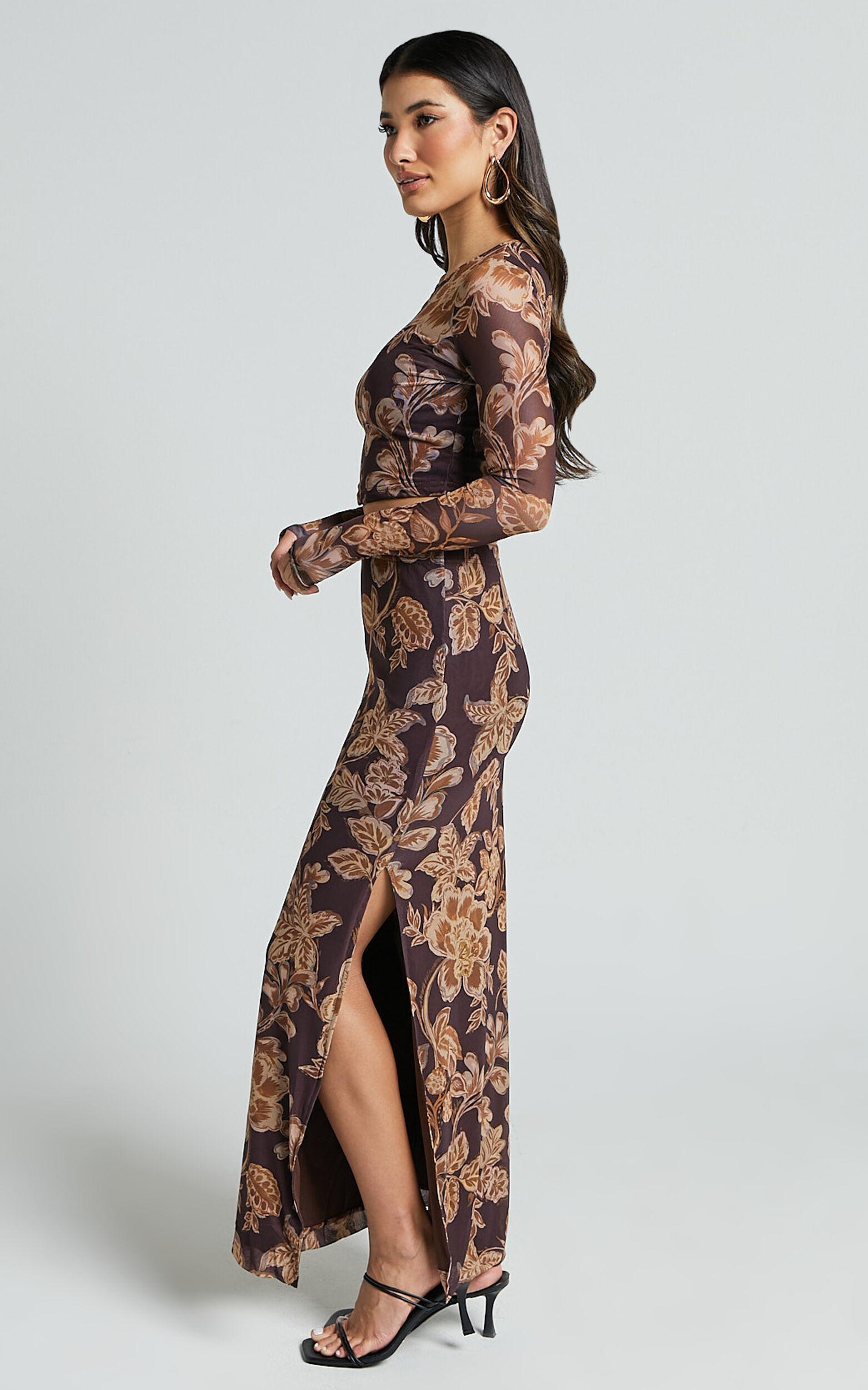 Willow Two Piece Set - Long Sleeve Top and Midi Skirt Mesh Set in Amber Bloom Print Product Image