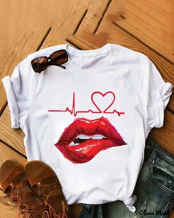 Olivia Mark – Heart Print Casual Short Sleeve T-Shirt Product Image