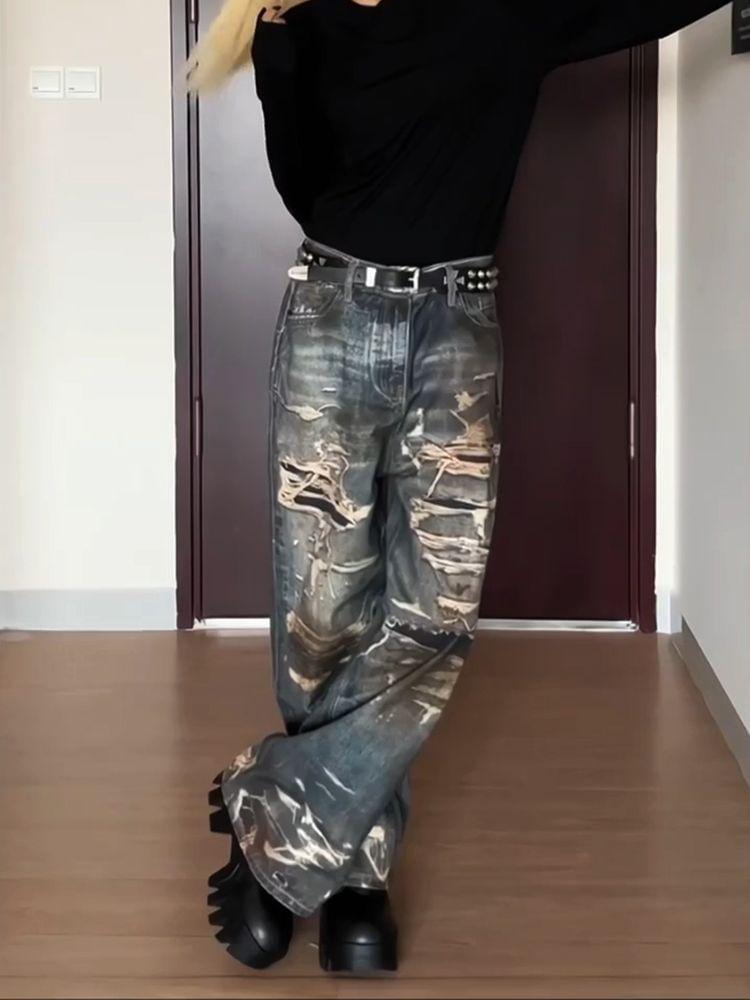 Low Rise Patterned Ripped Wide Leg Jeans Product Image