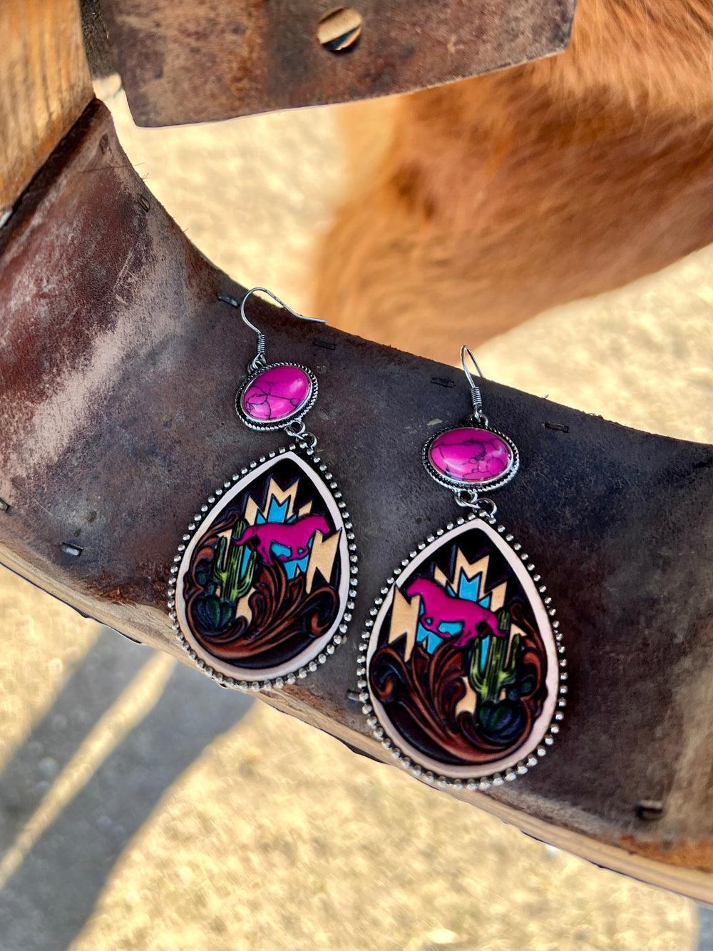 Leather Stamped Aztec Horse Earrings- 2 color choices Product Image