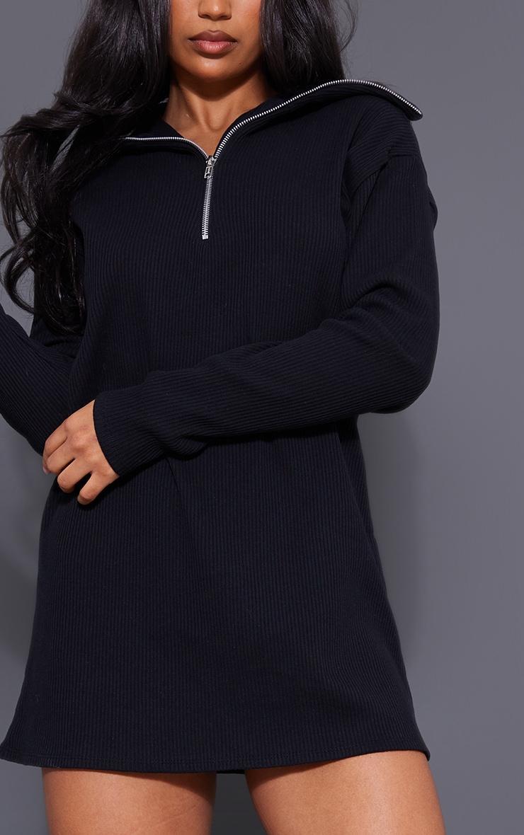 Black Rib High Neck Half Zip Oversized Sweater Dress Product Image