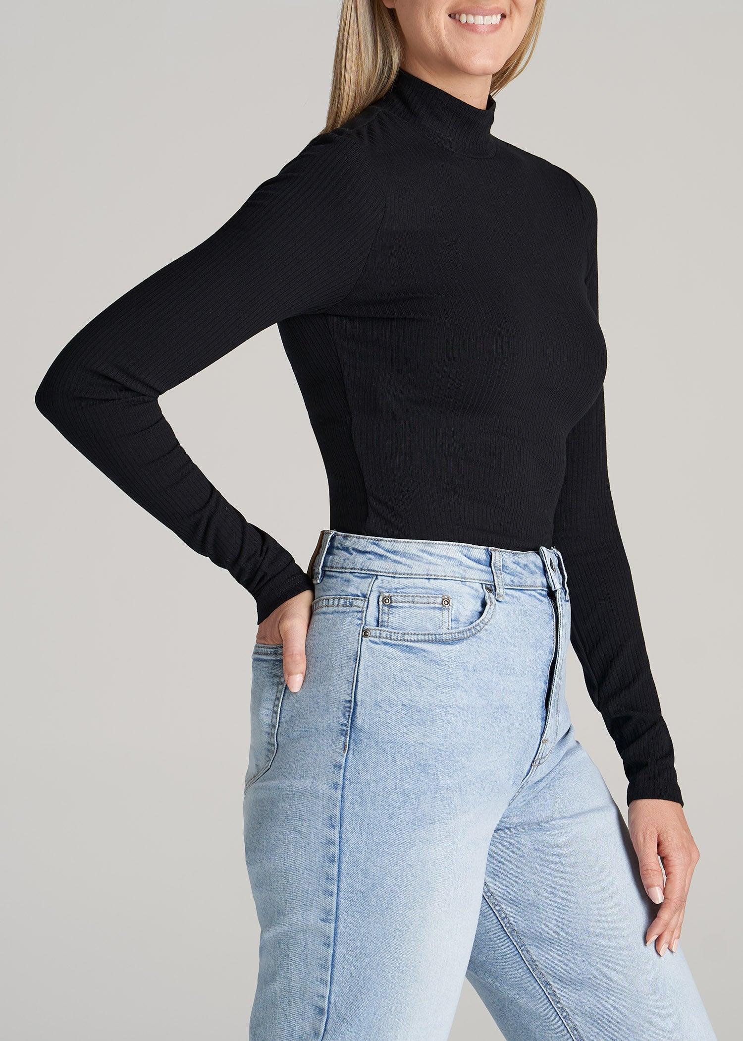 Long Sleeve Mock Neck Ribbed Top for Tall Women in Black Female Product Image