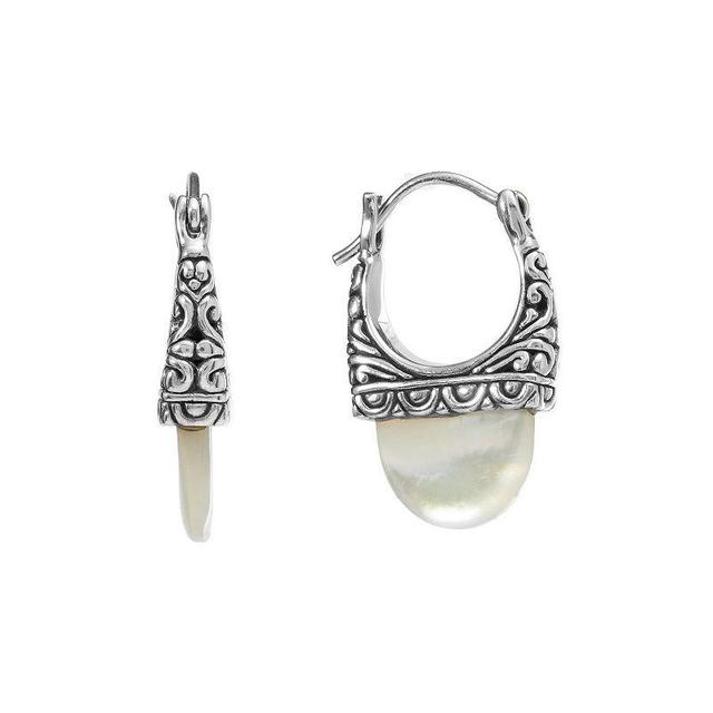 Athra NJ Inc Sterling Silver Oxidized Mother of Pearl Hoop Earrings, Womens Product Image