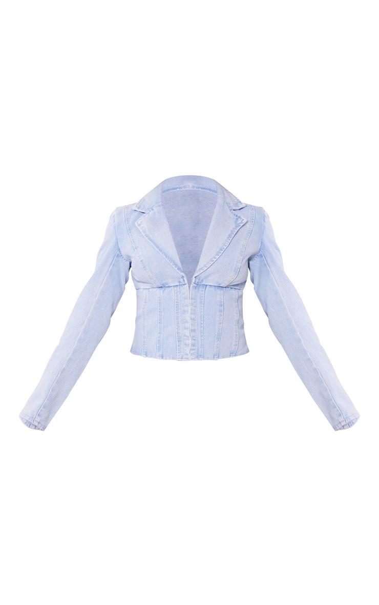 Light Blue Wash Corset Detail Cropped Denim Jacket Product Image