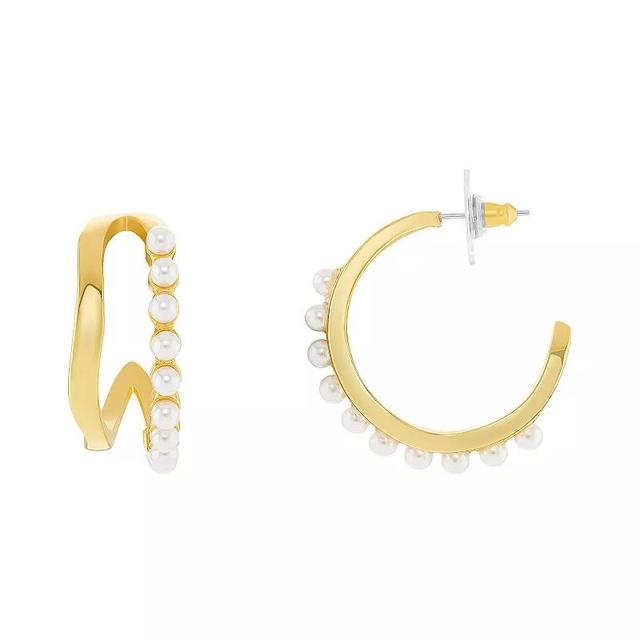 Emberly Polished Wavy And White Pearls C Hoop Earrings, Womens, Yellow Product Image