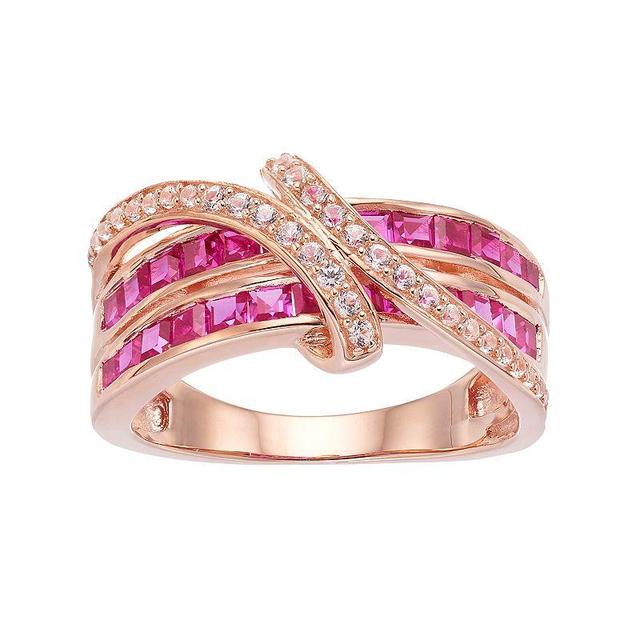 14k Rose Gold Over Silver Lab-Created Ruby & White Sapphire Bypass Ring, Womens Pink Tone Product Image