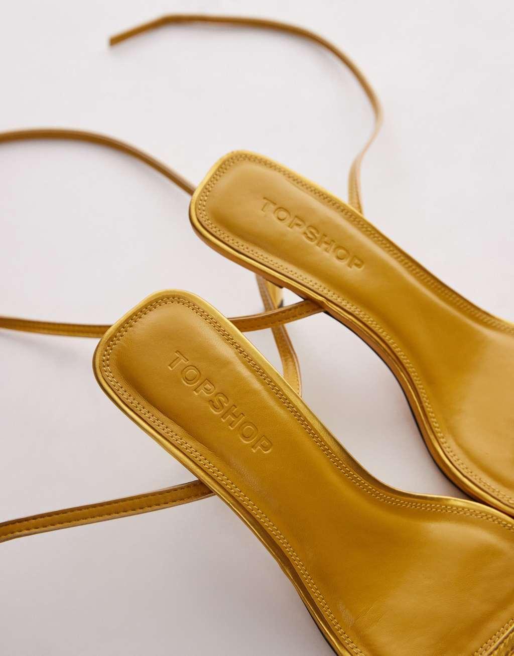 Topshop Wide Fit Fina barely there mid heeled sandals in gold Product Image