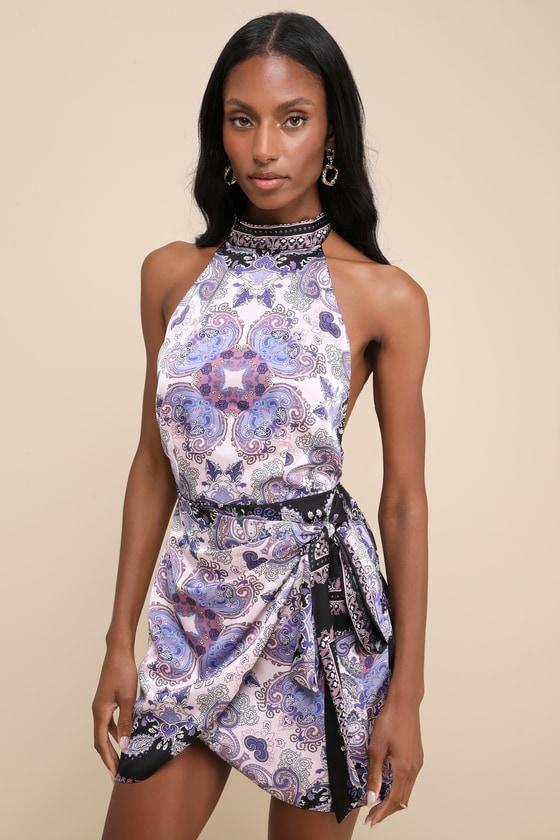 Exceptional Ways Lilac Multi Scarf Print Faux-Wrap Mini Dress Product Image