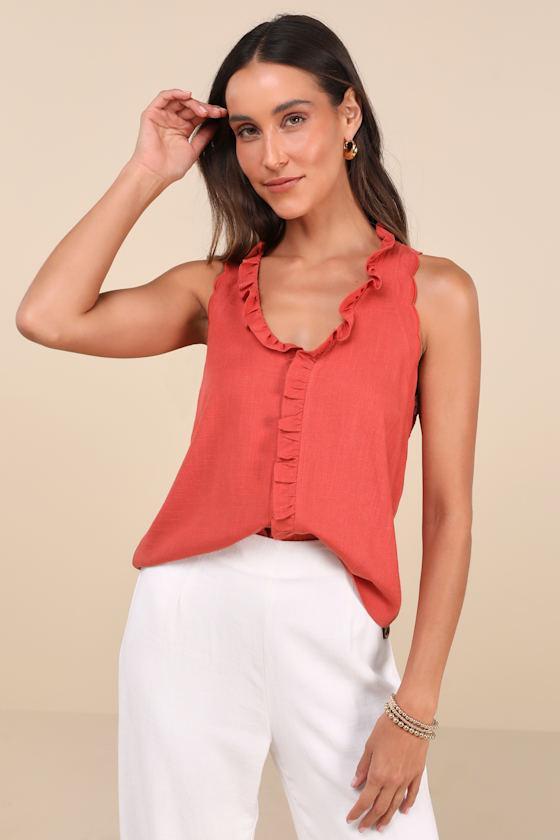 Casual Style Rust Orange Ruffled Sleeveless Button-Up Tank Top Product Image