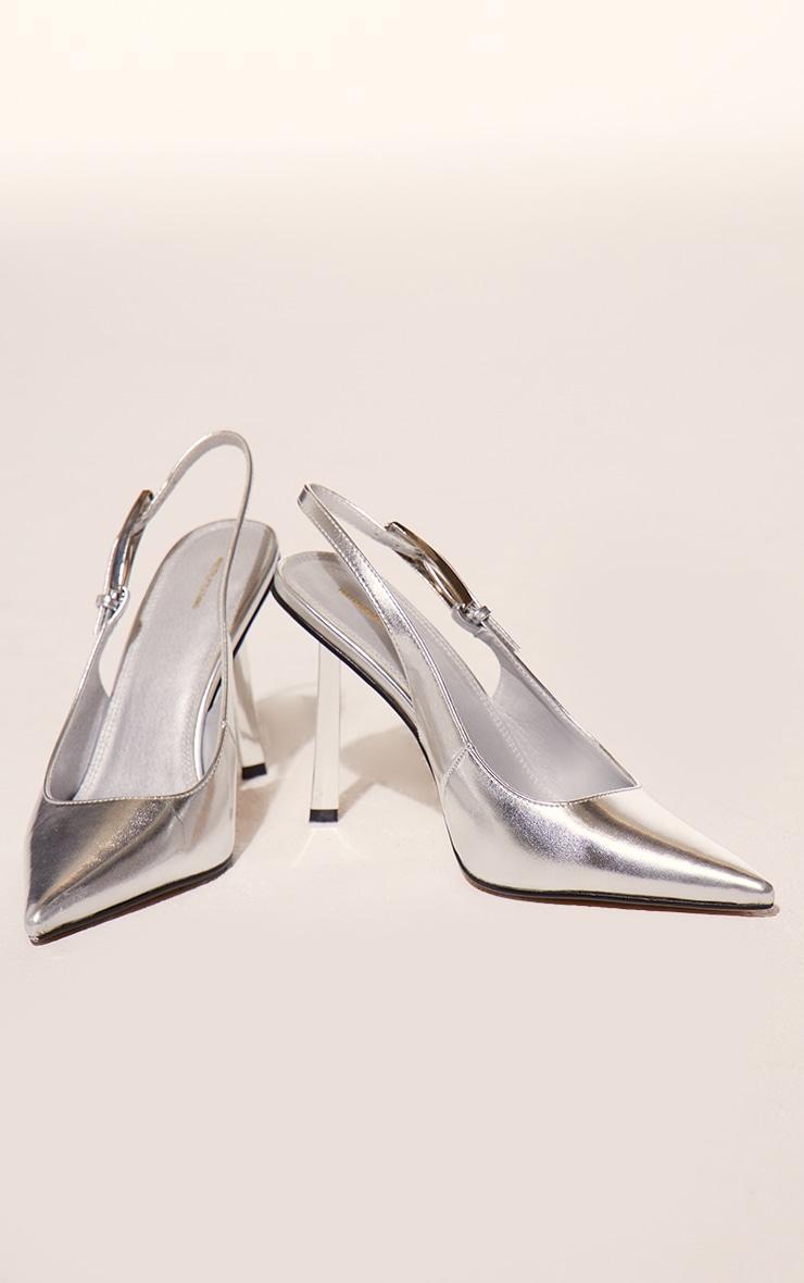 Silver PU Point Toe Sling Back High Heeled Court Shoes Product Image