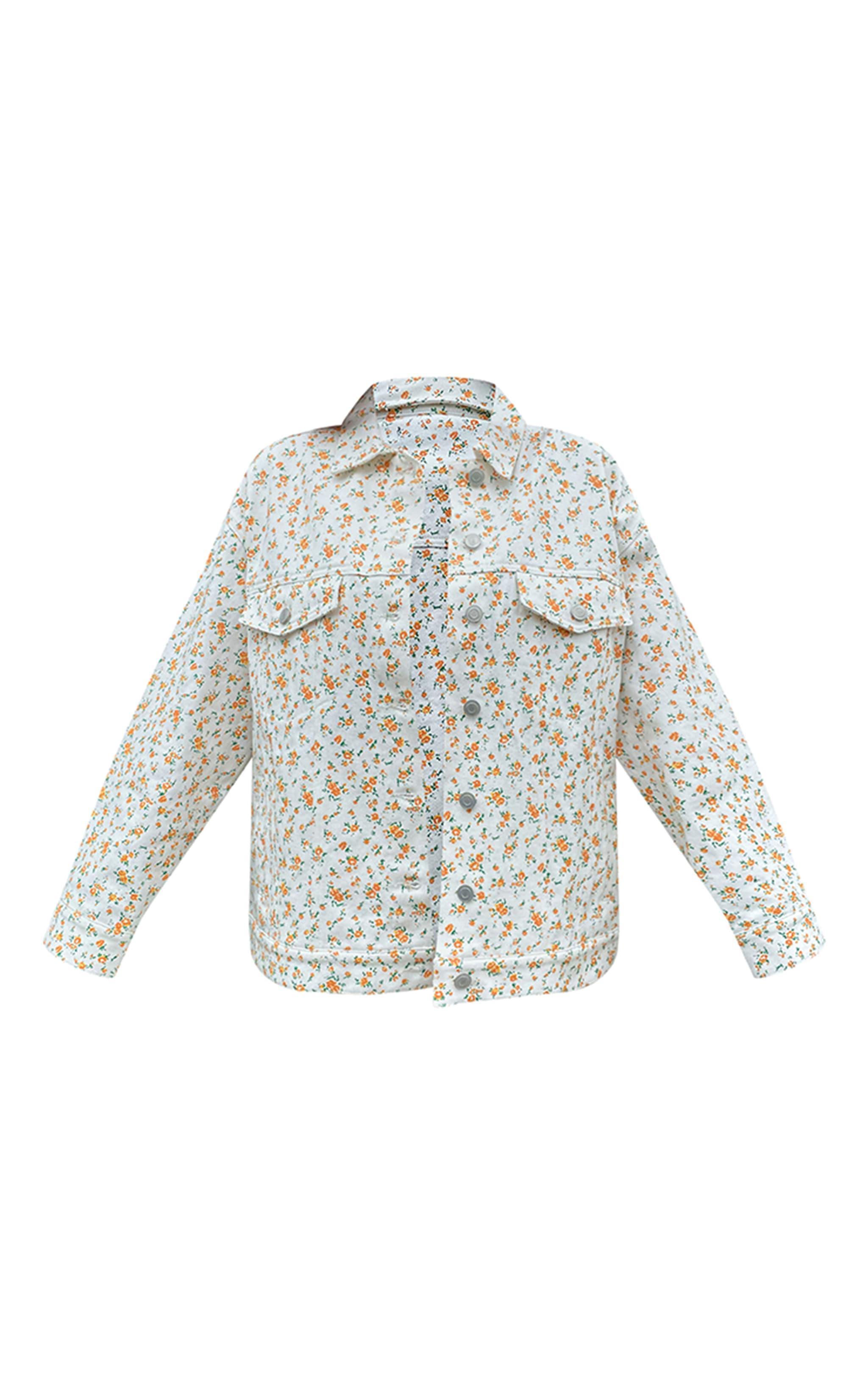 White Floral Ditsy Oversized Denim Jacket Product Image