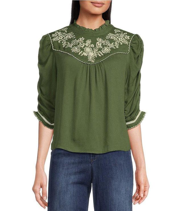 Democracy Petite Size Embroidered Yoke Woven Round Neck Elbow Sleeve Ruffle Trim Top Product Image