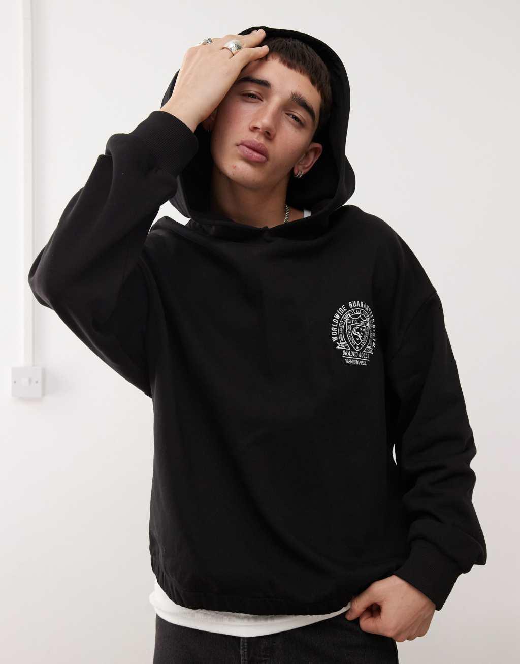 COLLUSION Black boxy cropped hoodie in black with logo emblem  Product Image