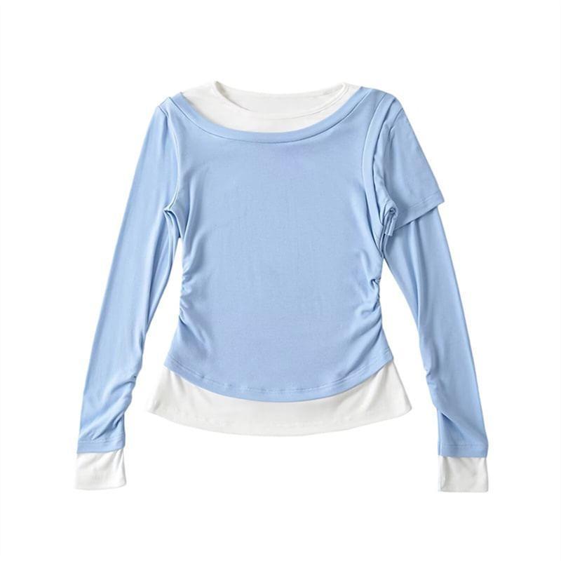 Long Sleeve Round Neck Mock Two Piece Ruched T-Shirt Product Image