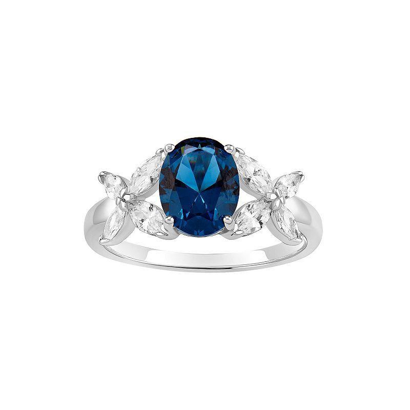 PRIMROSE Sterling Silver Oval Simulated Sapphire & Cubic Zirconia Flower Ring, Womens Sterling Blue Product Image