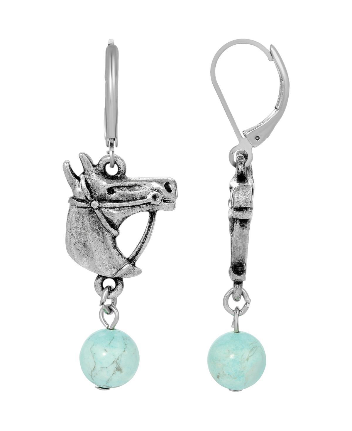 1928 Silver Tone Turquoise Bead Horse Head Earrings, Womens Product Image