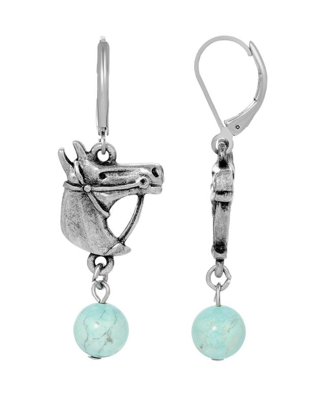 1928 Silver Tone Turquoise Bead Horse Head Earrings, Womens, Blue Product Image