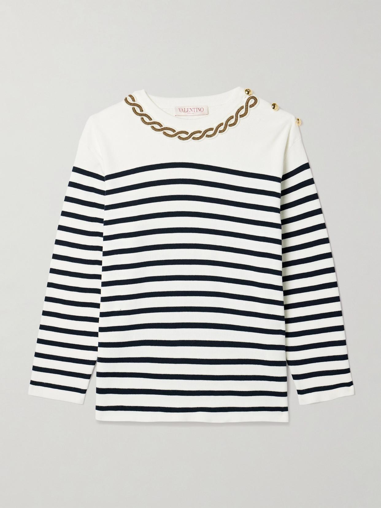 VALENTINO Embellished Striped Ribbed Cotton Sweater In Ivory Product Image