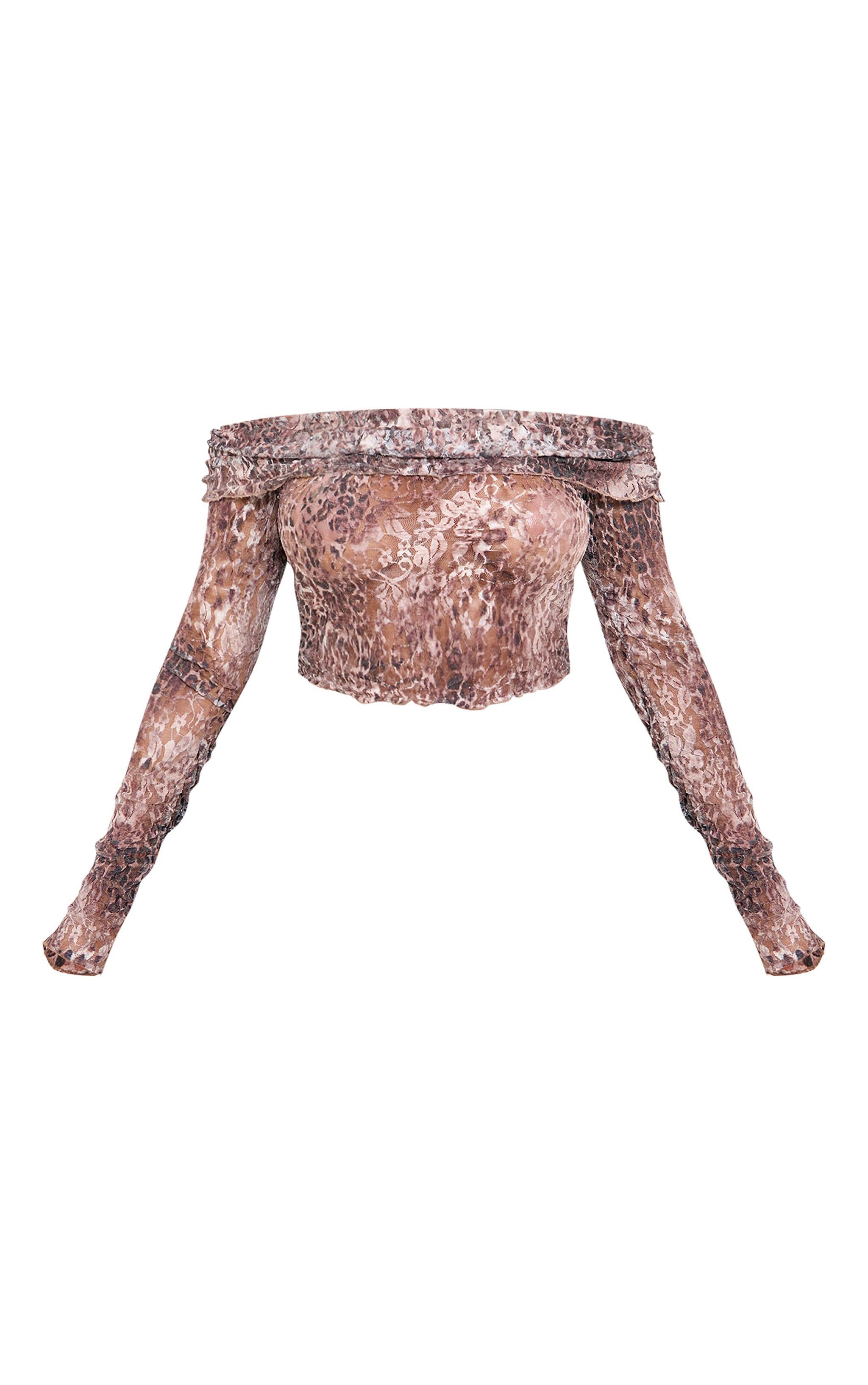 Brown Leopard Lace Fold Over Bardot Top Product Image