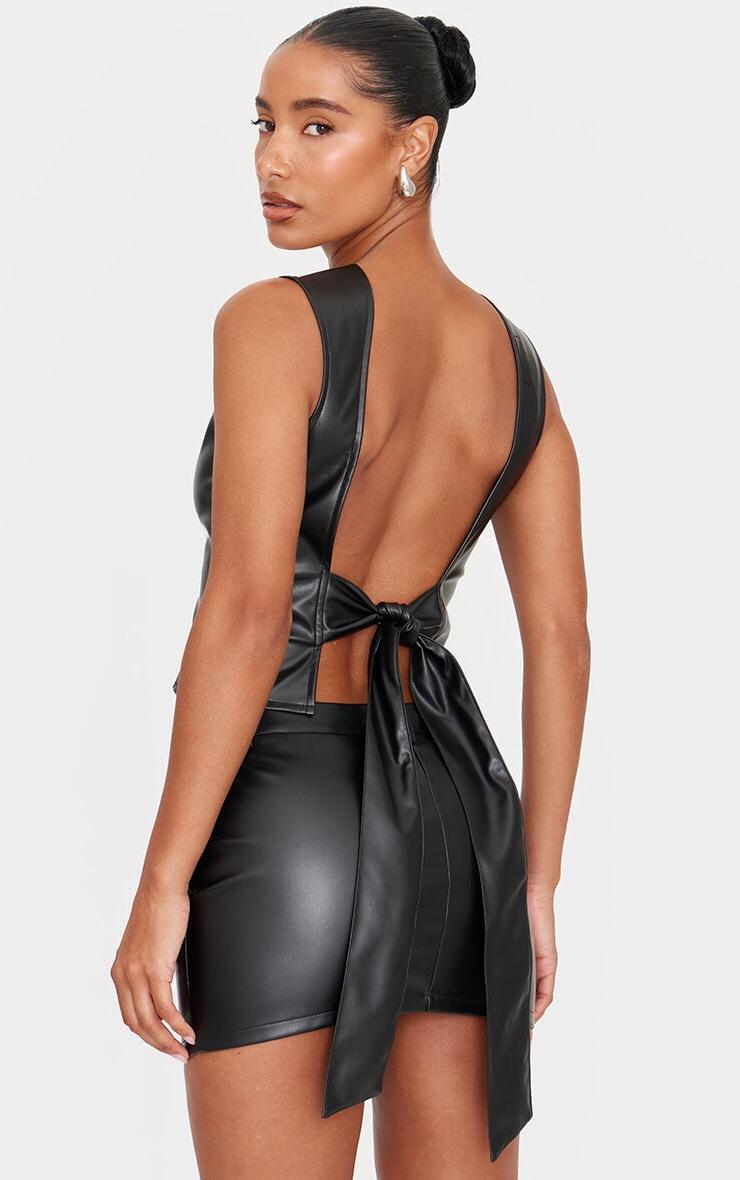 Black Faux Leather Seam Detail Open Back Long Top Product Image