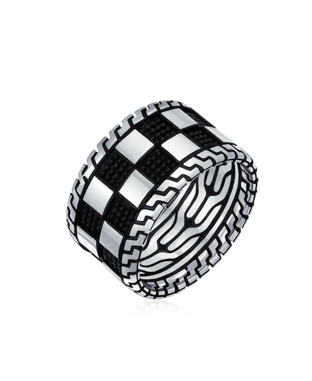 Mens Inside Out Design Two Tone Black Geometric Check Board Squares Chess Ring Band For Men Heavy Solid .925 Handmade In Turkey Wide 12 Product Image