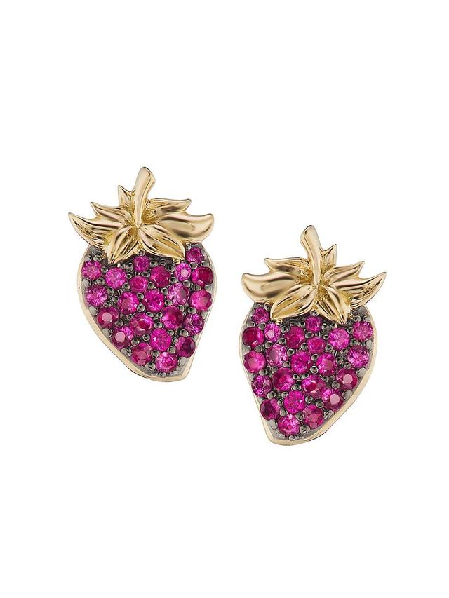 Womens 18K Yellow Gold & Ruby Strawberry Stud Earrings Product Image